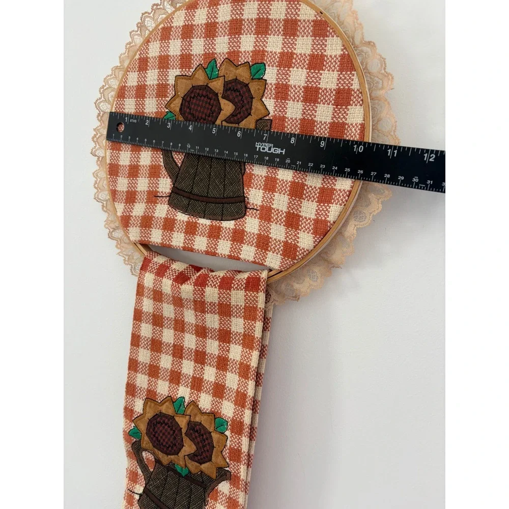Handmade Sunflower Gingham Kitchen Towel Holder Set Orange Lace Trim Farmhouse